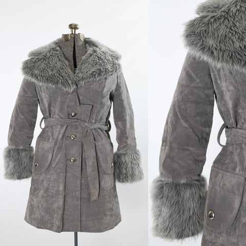 vintage 1970s gray faux fur vegan penny lane winter coat