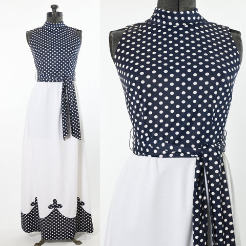 vintage 1970s navy blue white polka dot sleeveless maxi dress 
