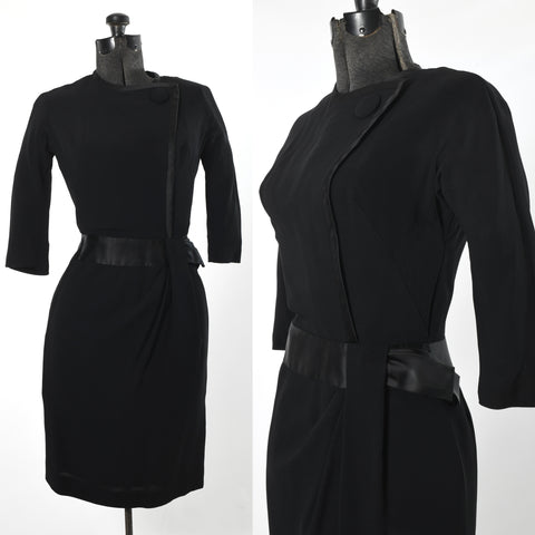 vintage 1950s black classic half sleeve cocktail dress with ruched skirt