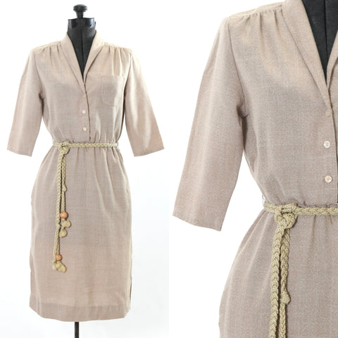 vintage 1970s khaki shirtwaist office shirtwaist dress by Caron Chicago