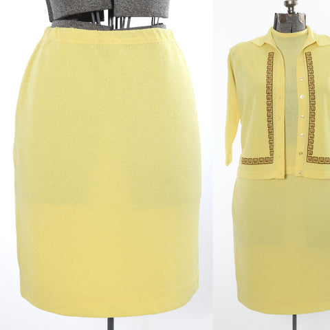 vintage 1960s yellow boucle skirt shown with matching shirt and cardigan with brown geometric print