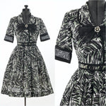vintage 1950s green black white abstract stripes full skirt short sleeve shirt waist day dress