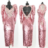 vintage 1980s pink sequin formal long sleeve dress leg of mutton sleeves heart shape back cutout