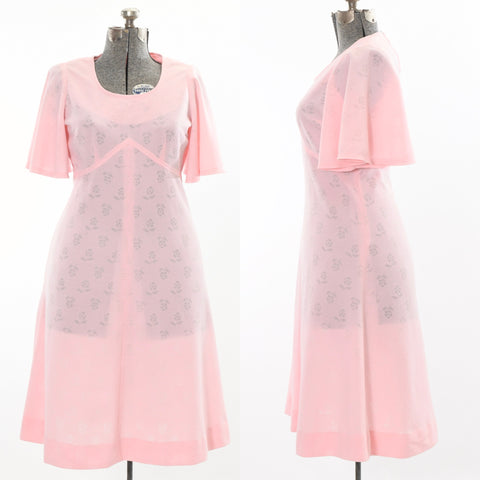 vintage 1970s pink flowers flutter sleeve midi dress