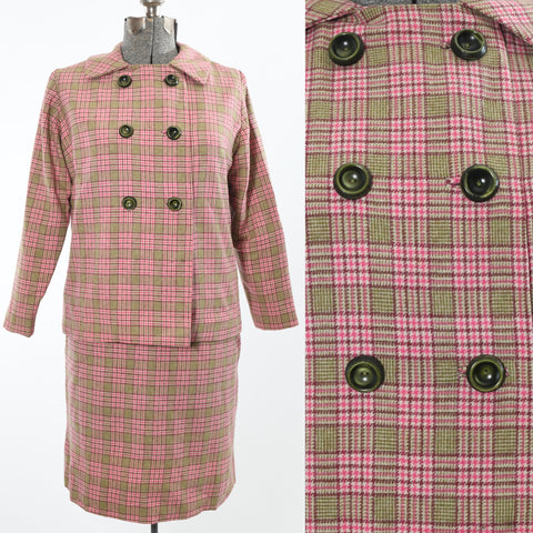 pink green white plaid jacket and skirt suit vintage 1960s