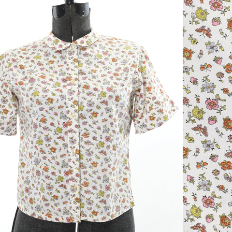 vintage 1960s floral butterflies strawberries birds white button up short sleeve shirt