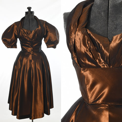 vintage 1950s copper taffeta shelf bust full skirt underbust jacket formal dress set