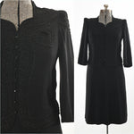 vintage early 1940s black soutache trim rayon crepe puff shoulder dress