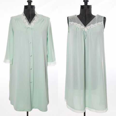 double image with left showing 3/4 sleeve mint green button front 1970s housecoat peignoir robe with right picture showing matching sleeveless nightgown with illusion bodice and inset lace trim