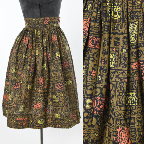 vintage 1950s olive green elephant pattern dirndl skirt