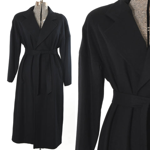 vintage 1980s black wool long wrap coat