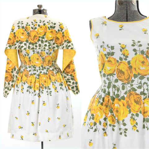 vintage 1950s early 60s yellow roses cotton sleeveless sundress with arm wrap 