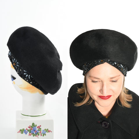 vintage 1960s black fur felt beaded floral christian dior turban