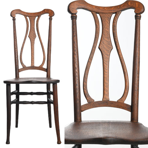 antique early 1900s brown quarter sawn oak art nouveau lyre back chair shown on left facing forward and back close up on right with white background