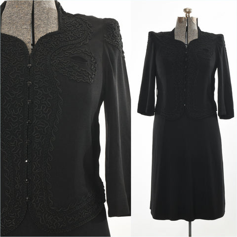 vintage early 1940s black soutache trim rayon crepe puff shoulder dress