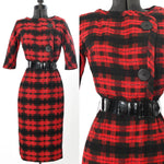 vintage 1950s red black plaid side bodice closure wiggle dress
