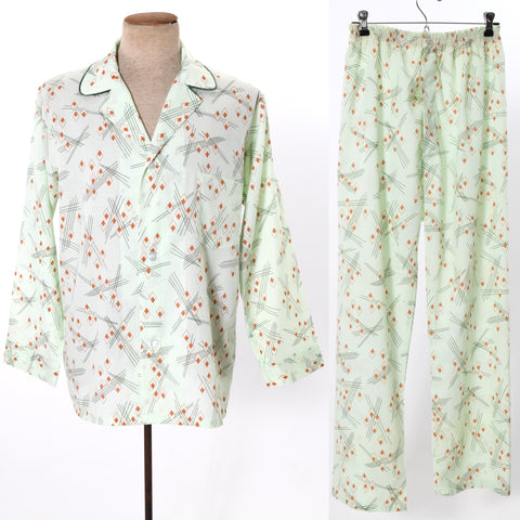 vintage 1960s mint green orange diamond MCM print 2 piece mens long sleeve pajama set