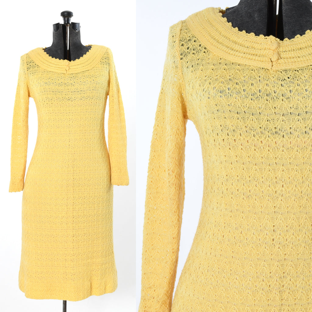 Vintage Late 1960s Yellow Knit High End Dress, Large