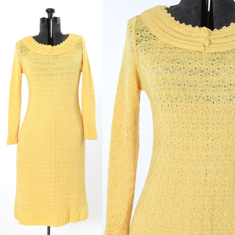vintage 1960s yellow knit midi high end long sleeve resort wear dress