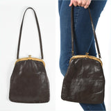 vintage 1950s brown long leather gold frame thin handbag