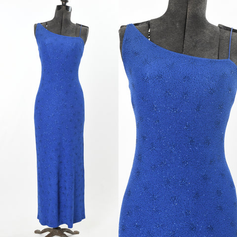 vintage 1990s royal blue sparkly asymmetrical neckline slinky long party dress