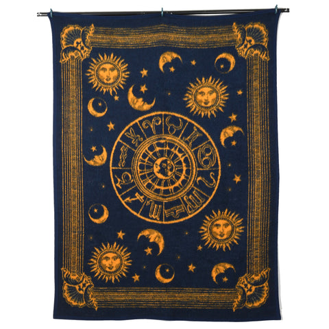 vintage early 2000s zodiac navy blue gold celestial fuzzy blanket shown hanging on white background