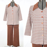 vintage 1960s burnt orange white dagger collar two piece shirt pants set