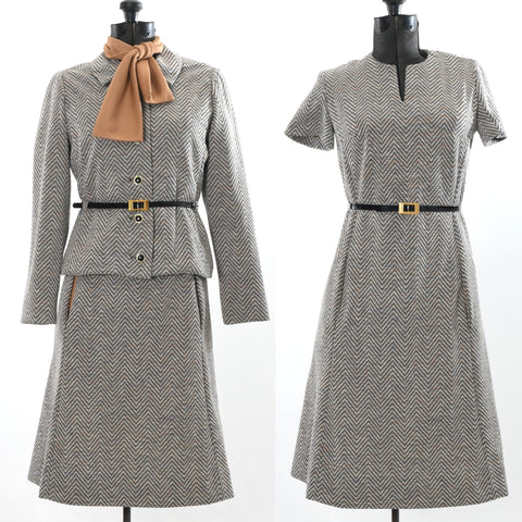 vintage 1970s chevron jacket dress set with pockets, black patent belts, scarf in beige shown with and without jacket