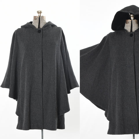 vintage 1990s gray wool black velvet hooded cape