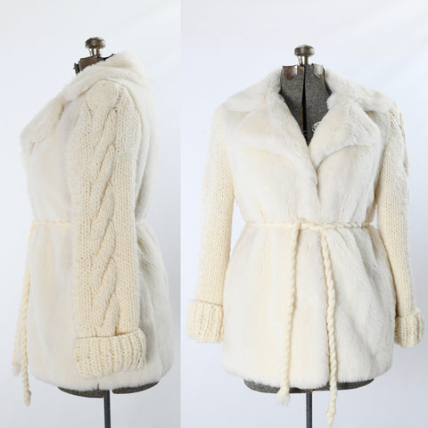 vintage 1970s cream gray faux fur chunky knit sleeve coat