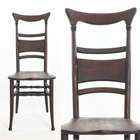 antique early 1900s dark brown quarter sawn oak ladder back chair with curved top back shown facing forward on left image and close up of back on right shown on white background