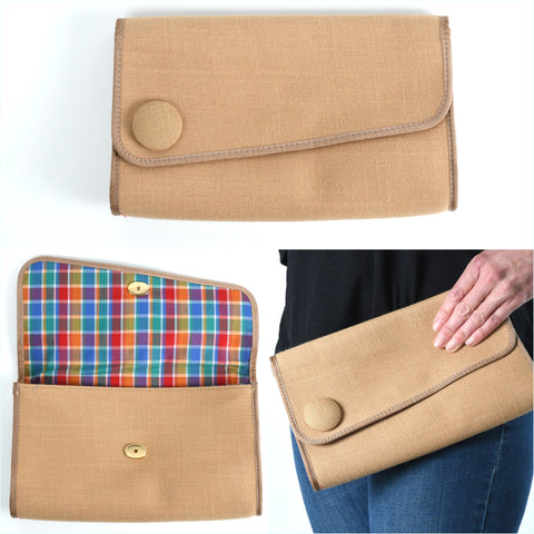 vintage 1970s beige fabric angled flap plaid lining clutch purse