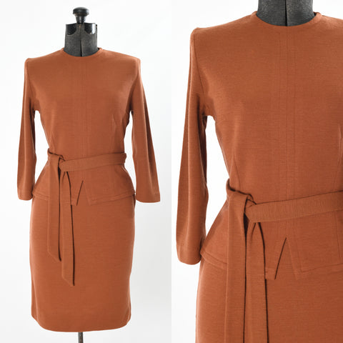 vintage 1950s burnt orange double knit wool 2 piece skirt suit