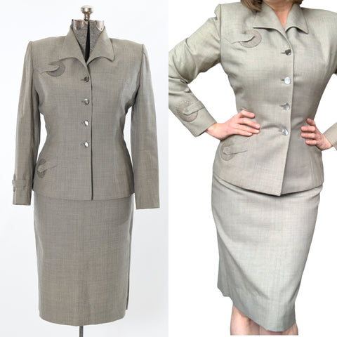 vintage 1950s gray circles applique wounded Lilli Ann skirt suit