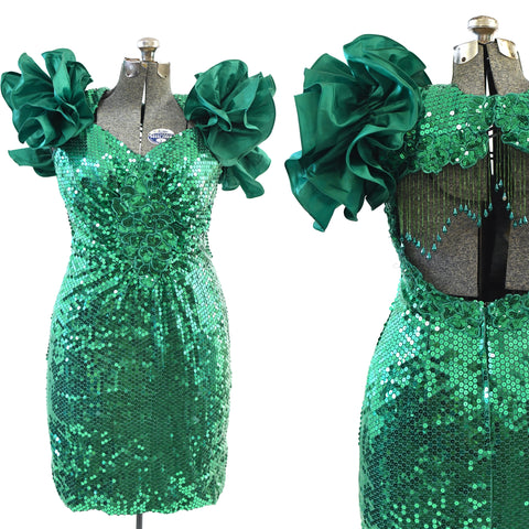 vintage 1980s green sequin huge shoulder ruffles wounded mini dress
