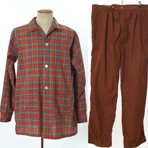 vintage 1950s Plaid Brown Mens Long Sleeve Lounge Pajama Set
