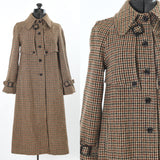 vintage 1970s houndstooth check line green, red-brown, white, beige ong wool coat