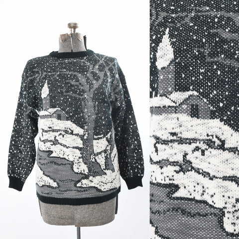 vintage 80s snowy winter landscape black and white sweater