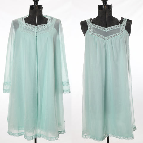 double image of vintage 1960s soft green sleeveless nightgown and matching long sleeve sheer peignoir nightgown set