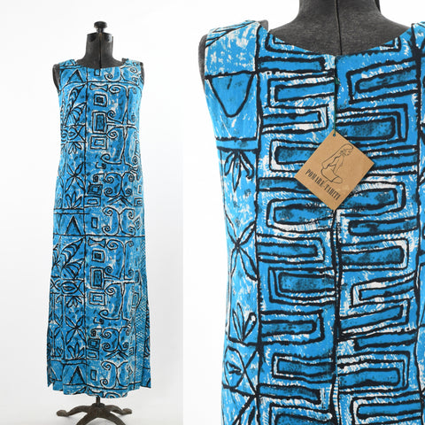 vintage 1960s blue sleeveless never worn hawaiian Tahitian maxi dress