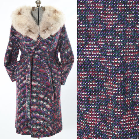 vintage 1960s multicolor mohair floral wrap fox fur collar midi coat