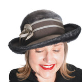 vintage 1960s plush fur felt gray brimmed Schiaparelli hat with layered gray grosgrain ribbon