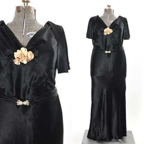 vintage 1930s black satin caped flutter sleeve bias cut maxi plus size evening gown