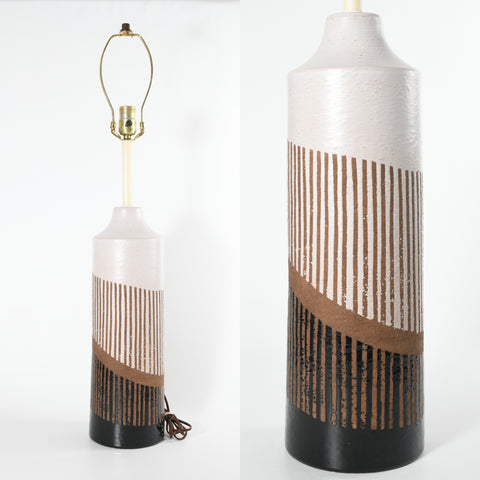 vintage 1970s white brown black retro ceramic tall lamp with gold harp and finial on left and close up of ceramic base on right image shown on white background