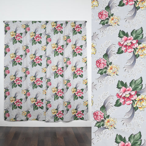 vintage 1940s gray bark cloth curtains hung on wall with yellow and pink peonies chrysanthemums 