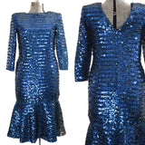 vintage 1980s royal blue sequined long sleeve wounded midi dress