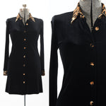 vintage 1990s black leopard print collar velour long sleeve shirtwaist dress