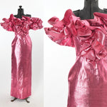 vintage 1980s pink lame off shoulder ruffles maxi party dress