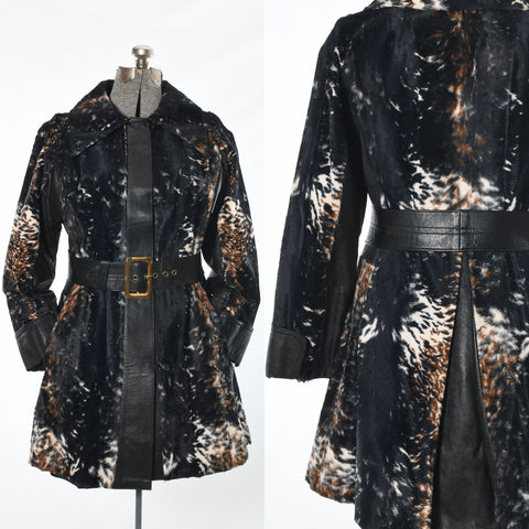 vintage 1960s black leather rare print faux pony fur mod Lilli Ann London midi coat