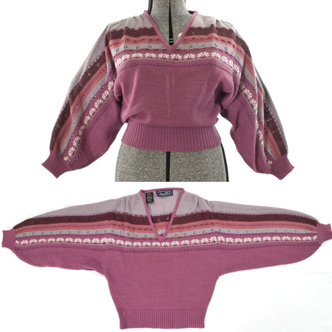 vintage 1980 purple mauve knit dolman sleeve V neck sweater